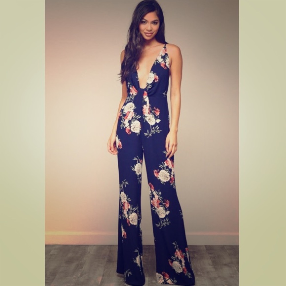 Floral Plunging Neck Cross Back Jumpsuit